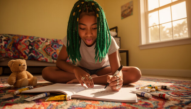 Creative schoolgirl drawing colorful illustrations in sketchbook sitting on cozy living room floor with markers under beautiful warm window light from front