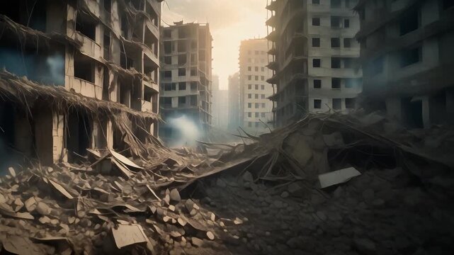 Destroyed city ruins after bombing war aftermath with rubble and damaged buildings