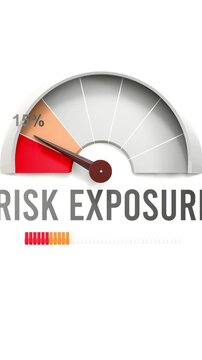 Risk exposure meter showing falling values of risk exposure. Diminishing to minimum, reaching zero, below the norm. Lack of risk exposure. No AI, made by humans for humans.
