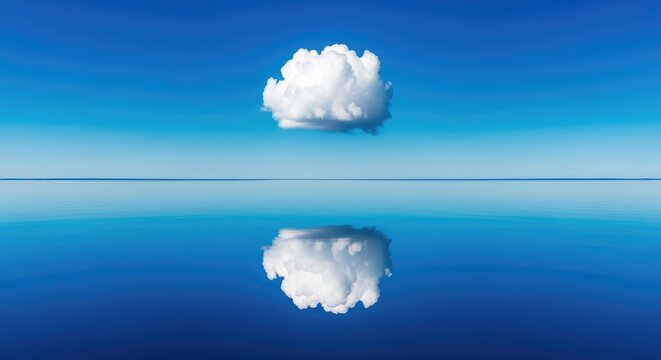 A single, fluffy white cloud hangs motionless in a vibrant azure sky, perfectly mirrored on the glassy surface of a tranquil blue lake, light, nature, azure