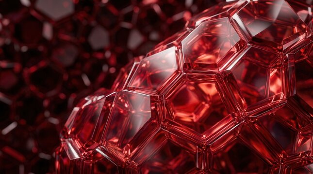 Abstract dark red geometric crystal texture with a shiny glossy ruby background.