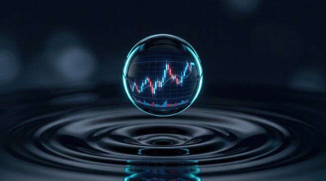 A water drop reflecting a financial stock market chart with bullish and bearish trends.