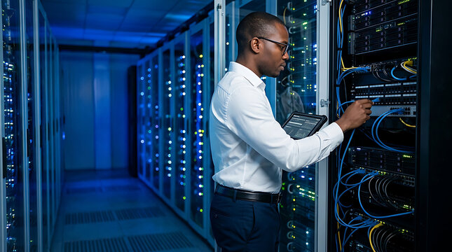 It specialist in a server room connecting cables and maintaining equipment with it specialist data center information technology server rack