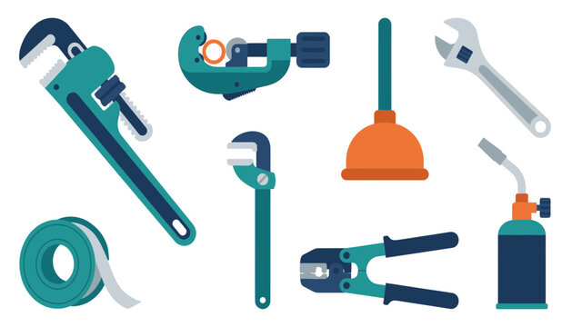 Plumbing technician tool set including large pipe wrenches tube cutters plunger adjustable spanners thread seal tape butane torch gas heater.