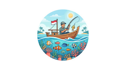 Naklejka premium Fisherman on boat within tropical sea circle.