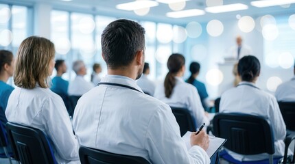 Obraz premium Group of faceless doctors attending a medical seminar in a defocused hospital lecture hall.