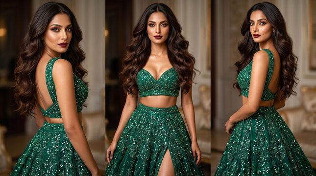 Fashion composite image showing three stylish poses of a beautiful woman modeling a dazzling emerald green lehenga.