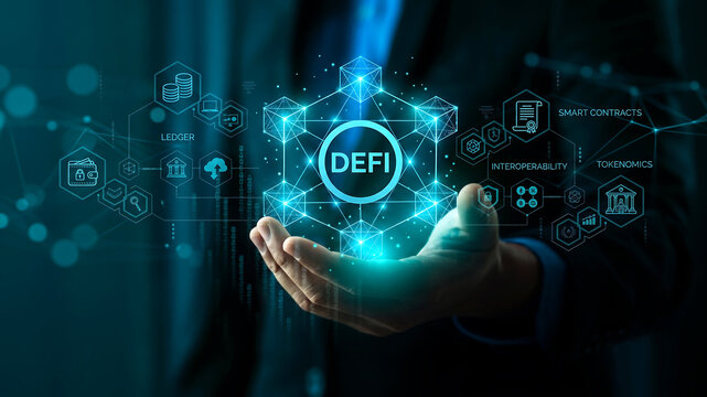 Businessman holding glowing DeFi decentralized finance network icon in digital interface