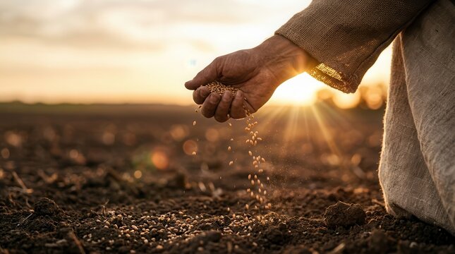 A close-up of a sower's hand planting seeds in fertile soil during a golden sunset.