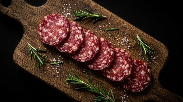 Sliced fuet sausage served on a wooden board with fresh herbs.