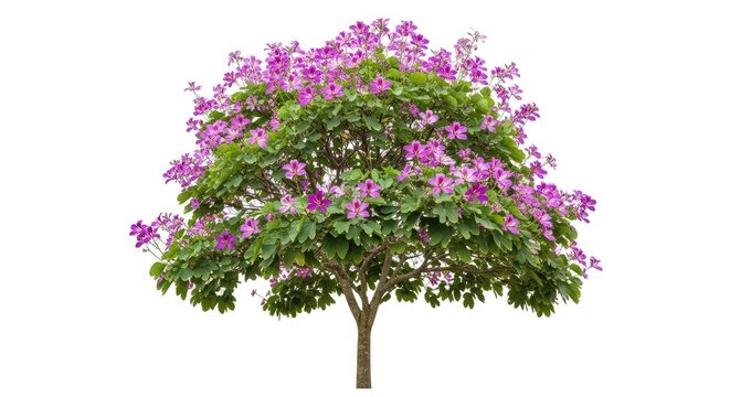 A vibrant Bauhinia purpurea tree featuring lush green leaves and bright purple orchid-like flowers, isolated on a solid white background, tree, bauhinia purpurea, season
