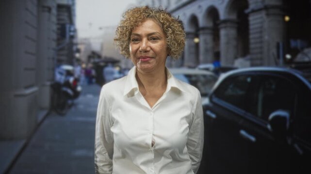 Woman with curly hair smiles, hands behind back beside a parked black car on a busy street lined with stone arches; calm reflection.