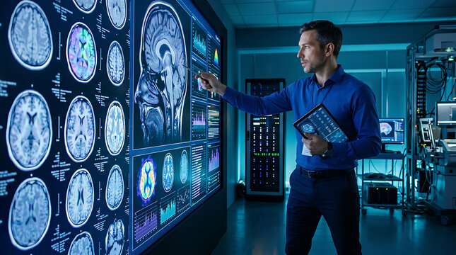 Male neurologist examining brain mri scans on large interactive touchscreen display with medical imaging neurologist research technology analysis