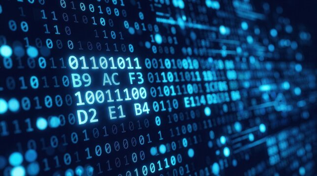 Blue digital binary data displayed on a computer screen with bokeh effect.