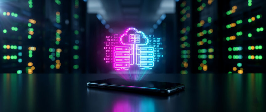 Neon cloud computing hologram above smartphone in modern server room data center