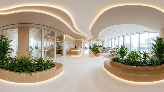 Modern coworking office corridor in high definition spherical VR panorama equirectangular projection.