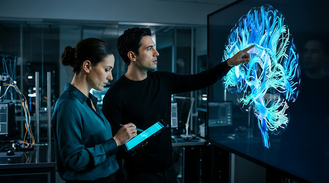 Neurologists analyzing 3D brain neural network mapping on large monitor with medical imaging neurologists research technology analysis hospital