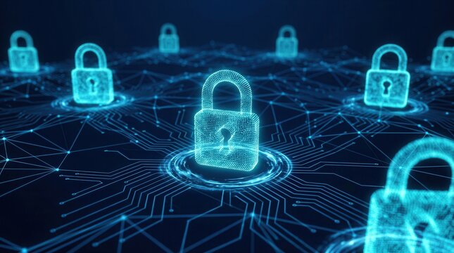 Glowing digital locks form secure network connections across a dark background.
