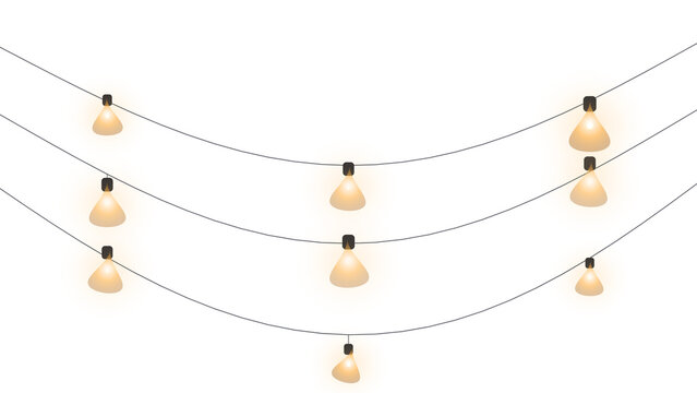 Hanging string lights with glowing bulbs isolated on transparent background