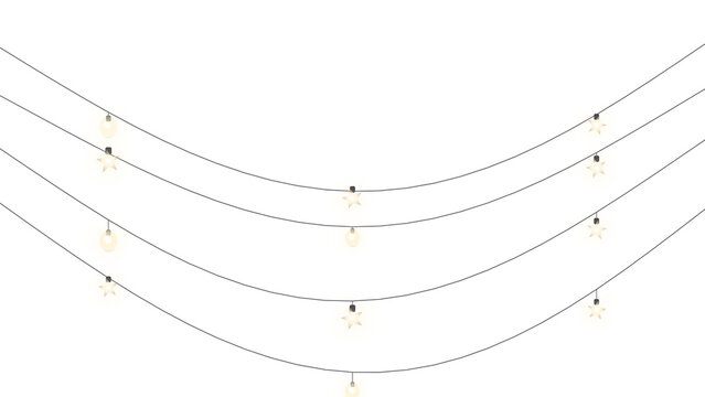 Hanging string lights with star and round bulbs glowing warm on transparent background