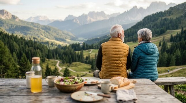 Senior retired couple enjoying a picnic lunch while overlooking scenic mountain views during a hiking adventure.
