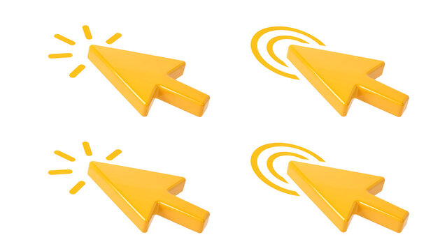 Set of yellow mouse cursor pointer icons showing click actions with interface