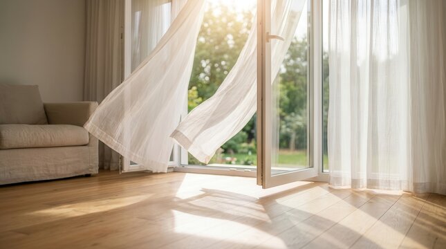 White transparent curtains blowing in the wind through an open window on a sunny summer day.