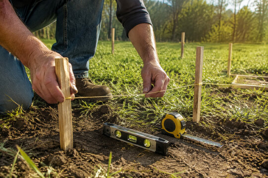 Trabajo en el campo midiendo y marcando &aacute;rea en el suelo para un proyecto de construcci&oacute;n
