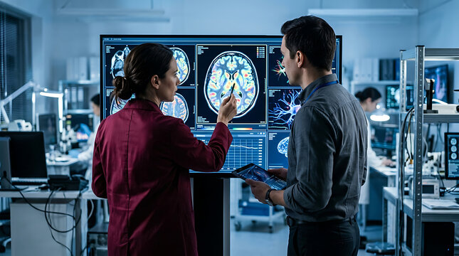 Medical professionals examining brain mri scans on large touchscreen monitor with medical imaging professionals research technology analysis