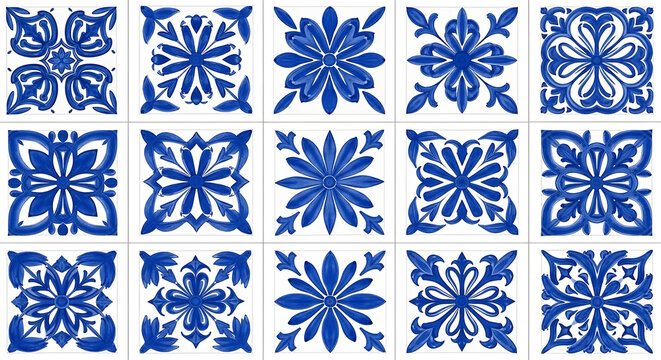 Collection of traditional Portuguese azulejo ceramic tiles featuring ornate blue and white floral pattern designs for a classic Mediterranean decor