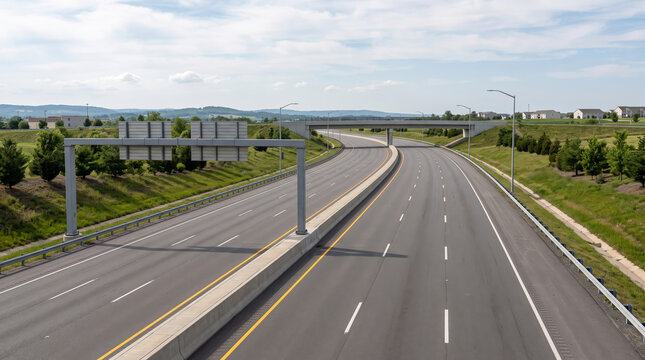 Scenic Mountain Highway Road Through Green Countryside Under a Dramatic Sky with Open Asphalt Route for Travel and Adventure