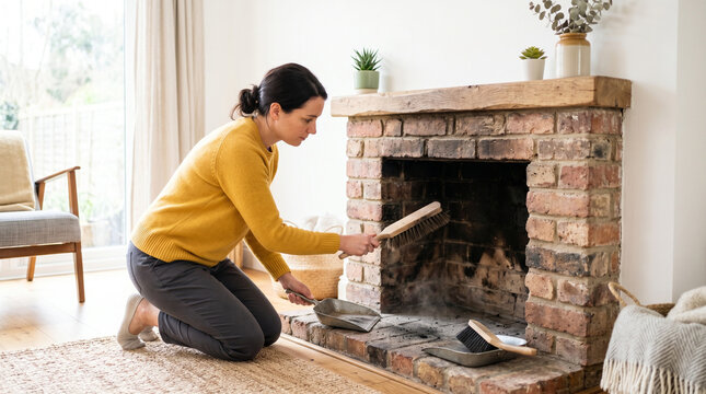 Sweeping black soot from vintage brick fireplace with stiff bristle brush  