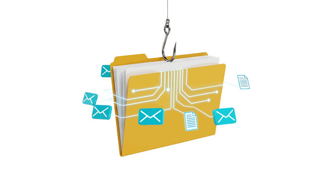 Vector illustration of phishing concept with digital folder on a fishing hook on a transparent background
