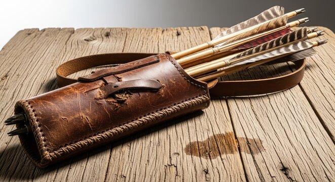 An aged leather quiver holding wooden arrows with fletching sits atop a distressed wood surface, highlighting traditional archery equipment, warrior, artisan, object