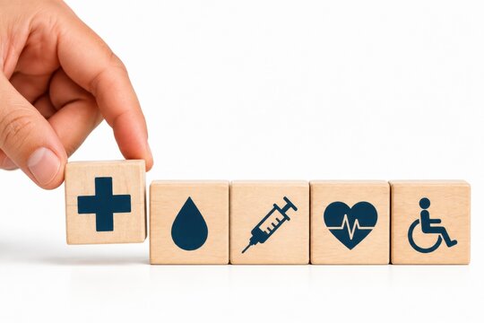 Hand holding wooden block with medical symbol on white background