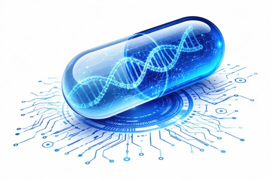 Blue medical pill capsule with glowing DNA helix inside