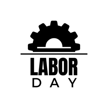 Labor day graphic with gear silhouette and text on a white background