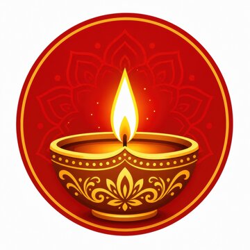 Lit Diwali Diya lamp icon with traditional golden pattern on red background