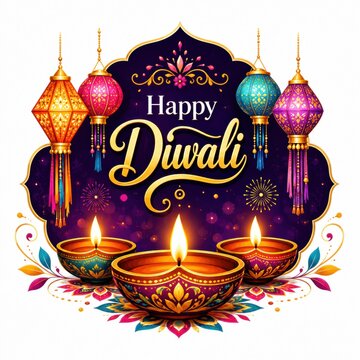 Happy Diwali greeting card design with colorful lamps and hanging lanterns