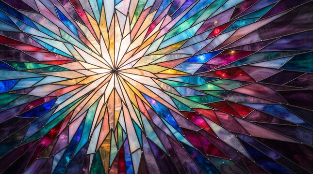 Intricate stained glass window featuring a starburst pattern with a vibrant and colorful geometric design radiating from the center