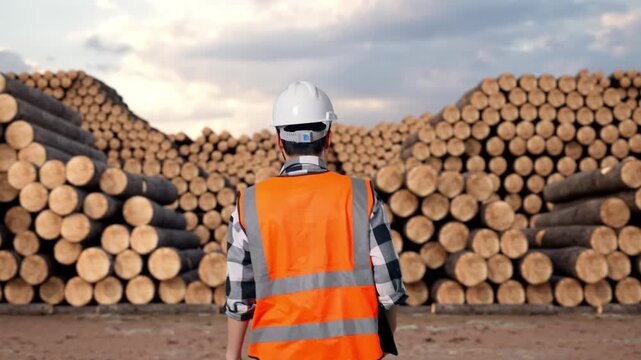 Back of Asian Male Engineer Holding Tablet While Walking with Stacked timber logs pile at outdoor lumber yard
