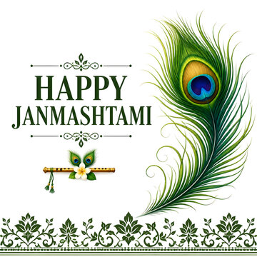 Happy janmashtami greeting card with peacock feather