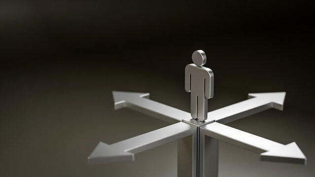 Chrome person figure standing at a crossroads showing four directions