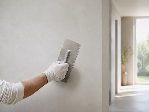 Trabajo de alisado en una pared en una habitaci&oacute;n con luz natural