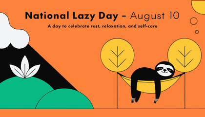 Obraz premium Cute sloth sleeping in hammock national lazy day illustration august 10 with stylized sloth relaxing hammock between trees text cute animal with do nothing