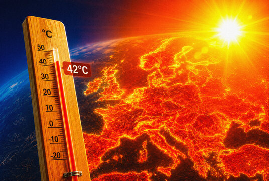 Extreme heatwave in Europe concept with thermometer showing 42 degrees Celsius over burning map