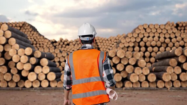 Back of Asian Male Engineer Holding Blueprint While Walking with Stacked timber logs pile at outdoor lumber yard