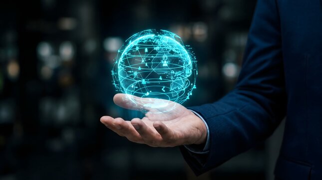 A businessman's hand holding a glowing blue digital globe hologram with interconnected user profiles.