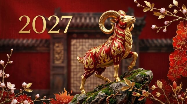 Oriental lunar ram: Eastern calendar, New Year, fire goat, golden sheep, red background, invitation card, celebration banner, creative template, copy space, date 2027.