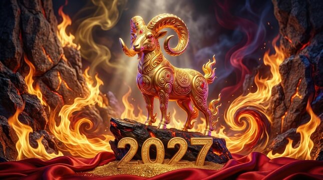Golden zodiac ram: fire sheep, Chinese calendar, New Year, holiday poster, glowing background, lunar template, festive invitation, red silk, copy space, hot flame.